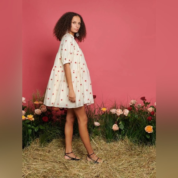 SISTER JANE Prairie Rose Embroidered Tiered Puff Sleeve Mini Dress in Cream - M - Picture 3 of 16